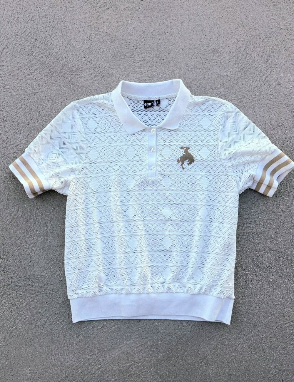 Cruel Denim Women L White Knit Polo Shirt Gold Stripe Bucking Bronco Embroidery